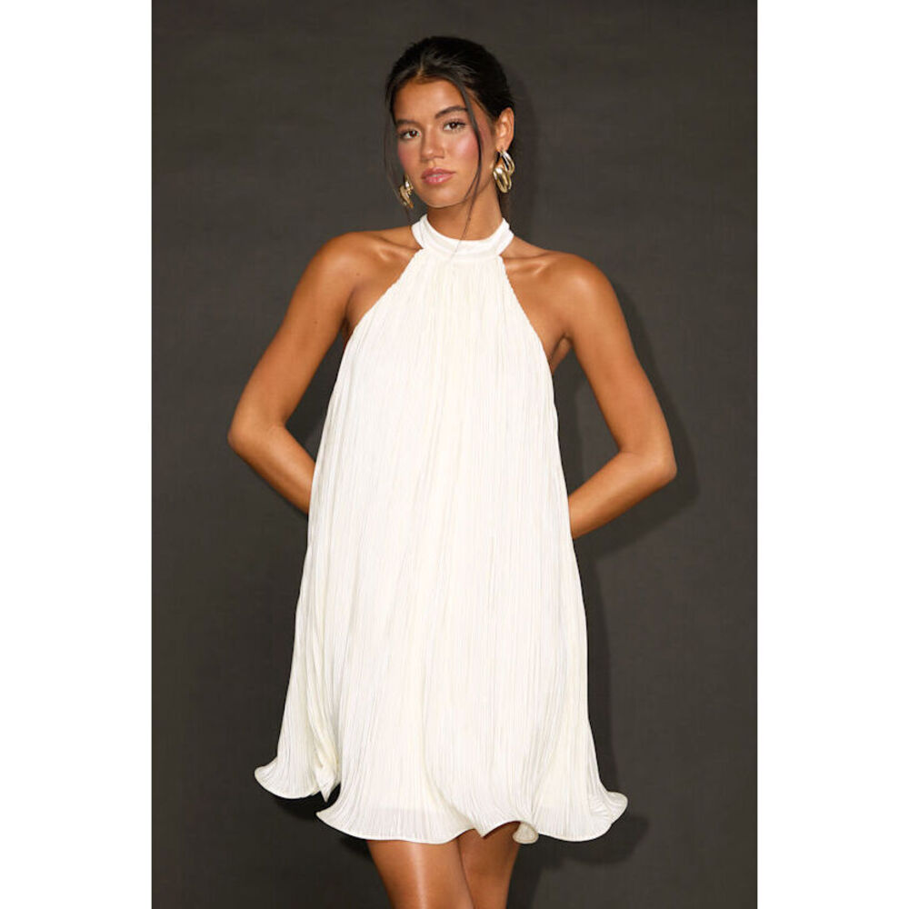 Lulus Vaivah White Satin Plisse Mock Neck Swing Mini Dress - Size L